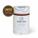 Limited edition container of Frank + Bare AHA Deodorant with Coconut + Peach fragrance. The packaging is creamy white with a black and pink stripe and a label that reads 'Limited Edition'.