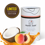 Coconut + Peach All Natural Deodorant Frank + Bare with a Limited edition icon and a coconut and peach sitting in caramel