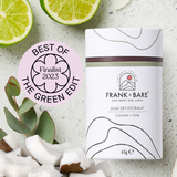 Frank + Bare natural deodorant coconut Lime on a marble background with Best of the Green Edit finalist 2023 icon and wedges of lime and coconut pieces around it