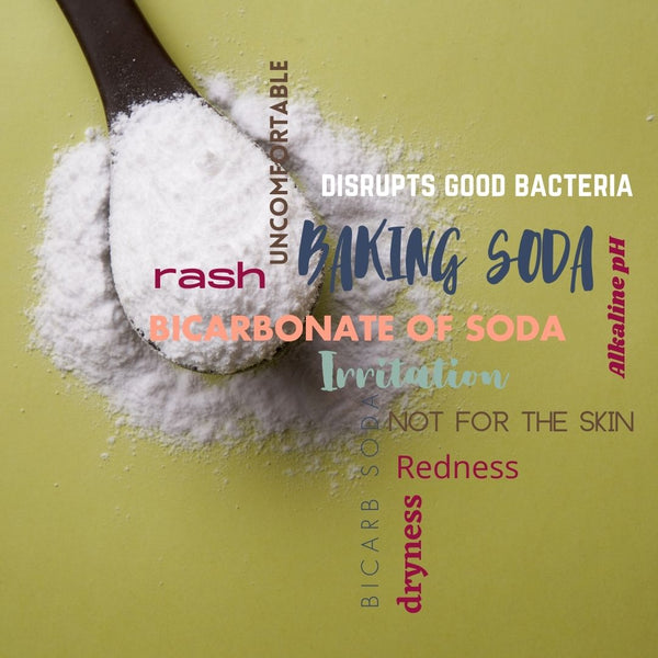 baking soda on a spoon with text why you shouldn't use it on your skin, rash, irritation, disrupts good bacteria, redness, Alkaline pH