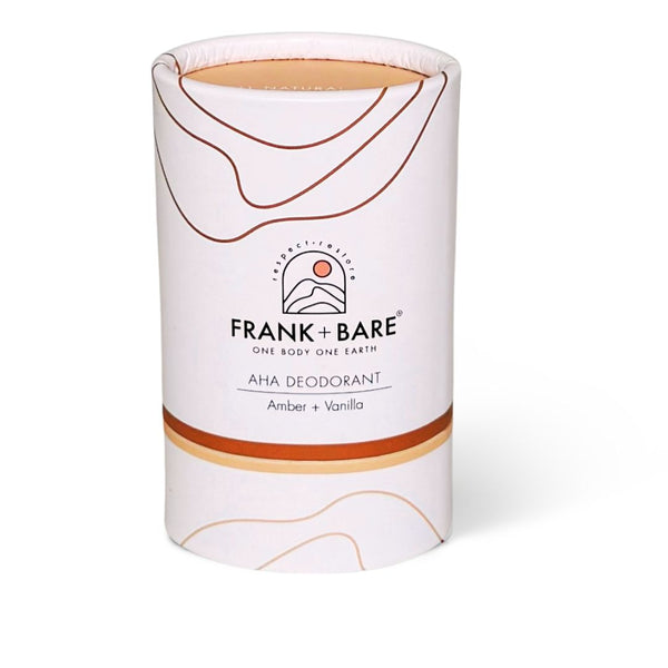 Frank + Bare AHA Deodorant packaging on a white background,Amber & Vanilla all natural deodorant stick frank and bare. 