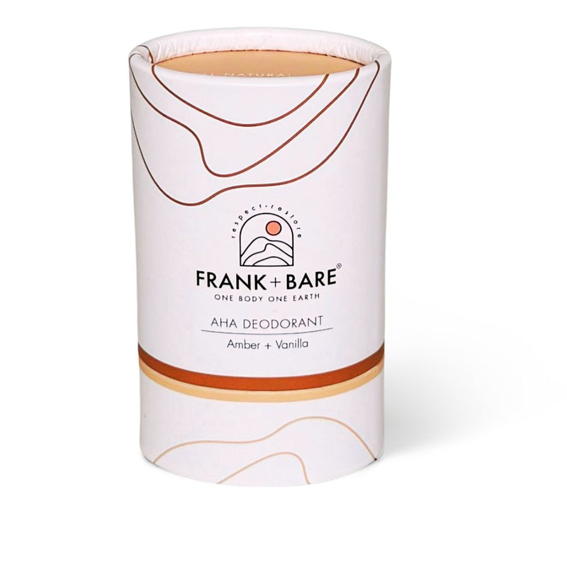 Frank + Bare AHA Deodorant packaging on a white background,Amber & Vanilla all natural deodorant stick frank and bare. 