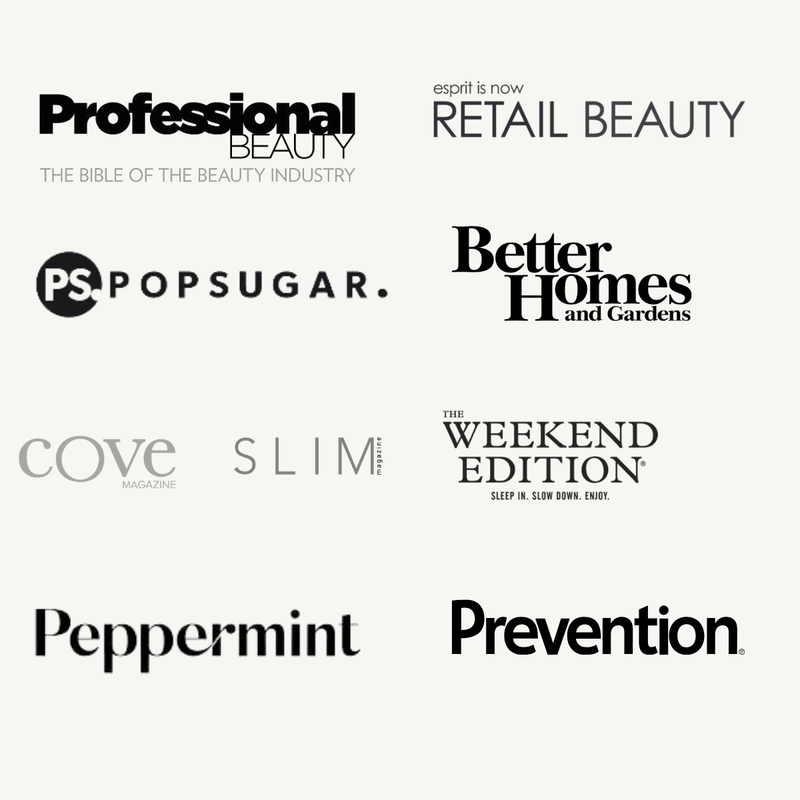 Collection of various magazine and brand logos on a white background, professional beauty magazine, retail beauty magazine, popsugar, better homes & gardens magazine, cove magazine, the weekend edition, peppermint magazine, prevention magazine & slim magazine