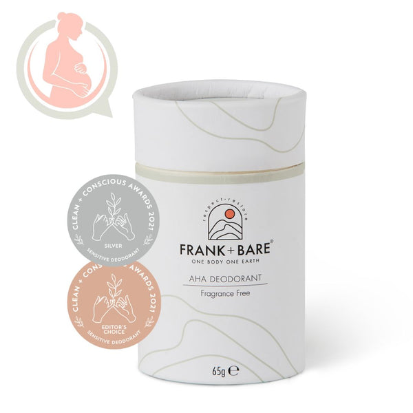 Frank + Bare AHA Deodorant packaging on a white background pregnancy safe logo, clean + consious awards silver award icon & editors choice award icon