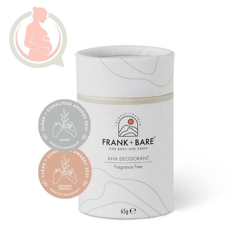 Frank + Bare AHA Deodorant packaging on a white background pregnancy safe logo, clean + consious awards silver award icon & editors choice award icon