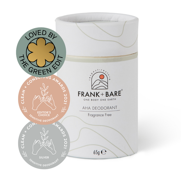 Frank & Bare AHA Deodorant Fragrance Free 65g Silver Award and Editors Choice Award from Clean and Conscious awards 2021 stamp Loved by the green edit 