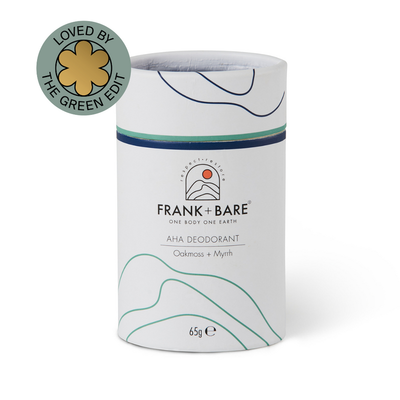 Loved by the green edit stamp on a white background with Frank + Bare deodorant oakmoss + Myrrh