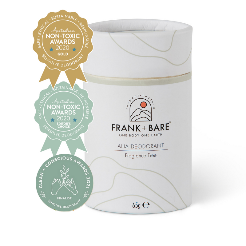 Frank & Bare AHA Deodorant Fragrance Free 65g  Gold Award and Editors Choice Award from Clean and Conscious awards 2020 Finalist 2021