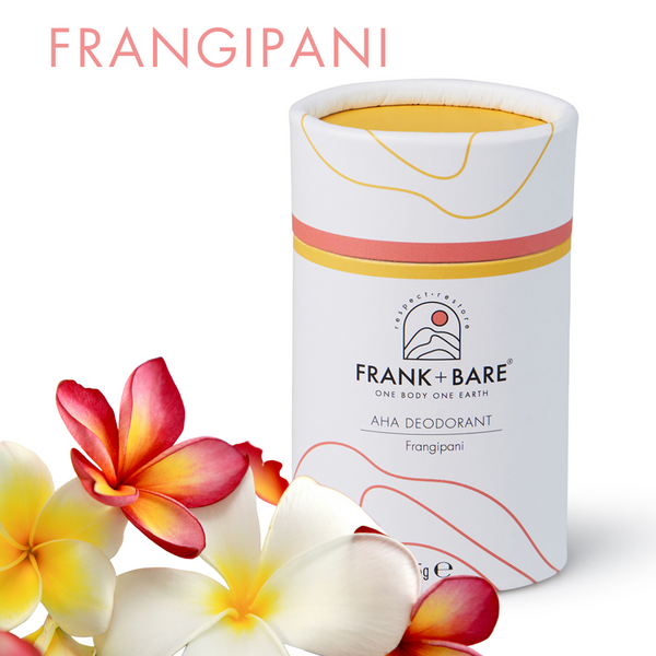 Frank & Bare AHA Natural Deodorant Frangipani 65g  with frangipani flowers